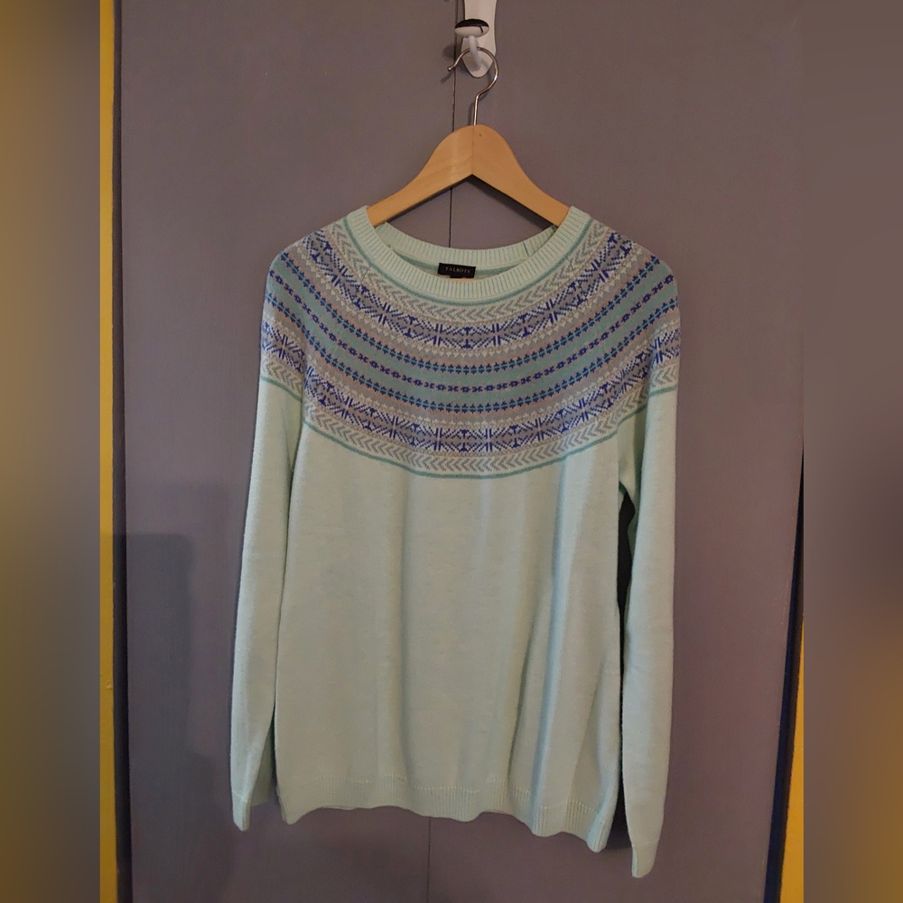 Talbots Mint Green Sweater with Blue Pattern